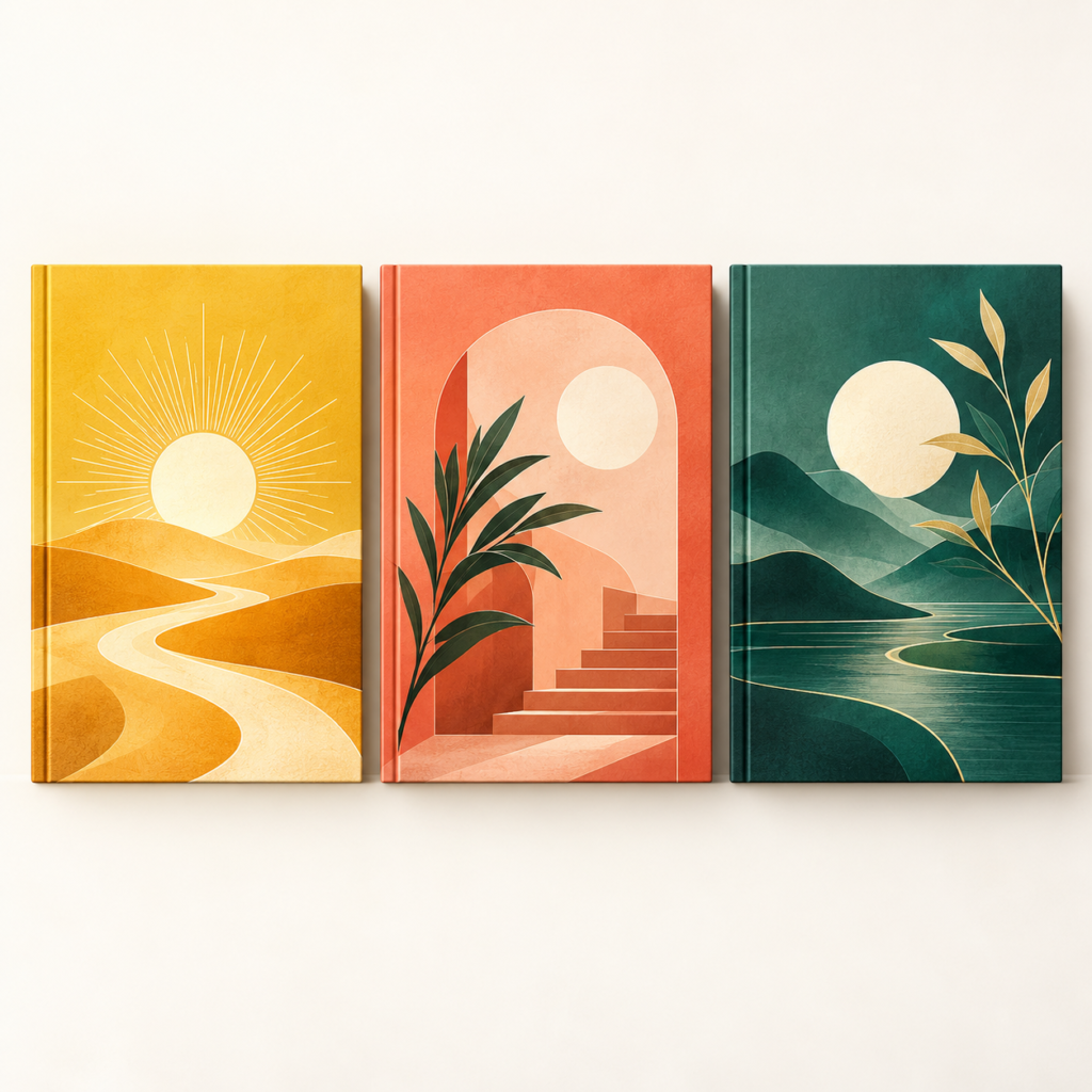 Three Persona Balance digital workbook covers in yellow, coral, and teal.